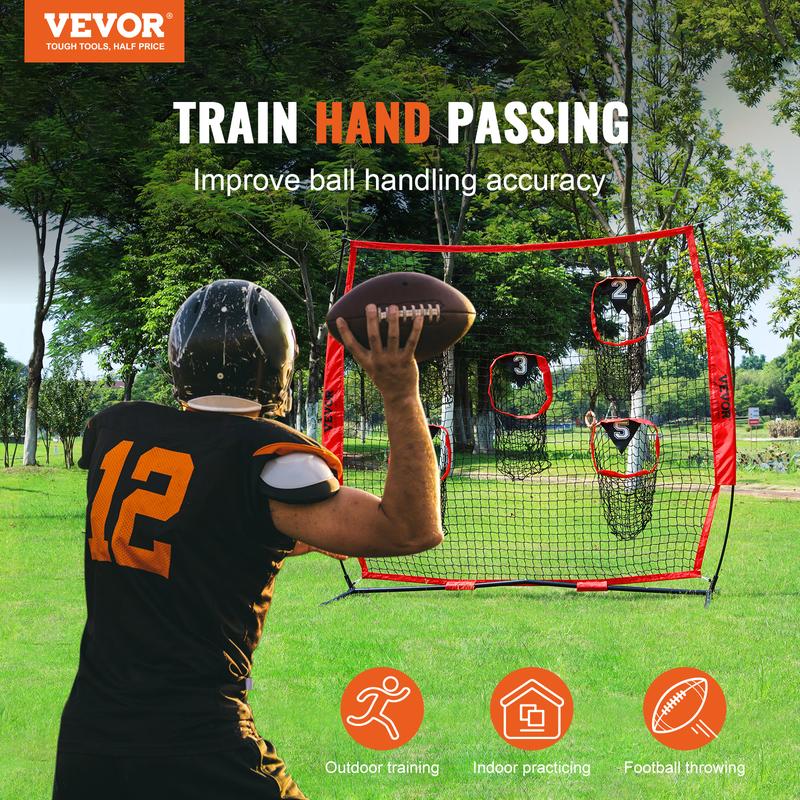 VEVOR 7 x 7 ft Football Trainer Throwing Net, Training Throwing Target Practice Net with 5 Target Pockets, Knotless Net Includes Bow Frame and Portable Carry Case, Improve QB Throwing Accuracy, Red