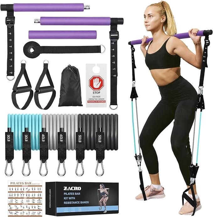 3-Section Pilates Bar with Adjustable Strap, Door Anchor, Handles and Foot Strap, Portable Home Gym Pilates Resistance Bar Kit