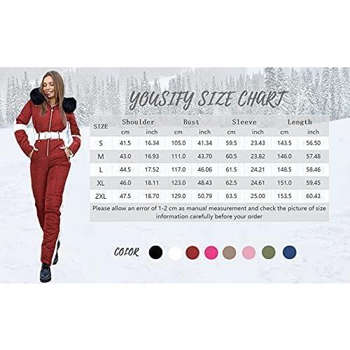 Fisoew Womens Winter Onesies Ski Jumpsuits Outdoor Sports Waterproof Snowsuit Removable Fur Collar Coat Jumpsuit