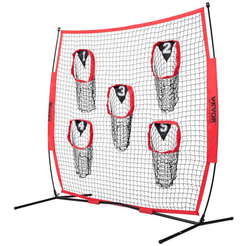 VEVOR 7 x 7 ft Football Trainer Throwing Net, Training Throwing Target Practice Net with 5 Target Pockets, Knotless Net Includes Bow Frame and Portable Carry Case, Improve QB Throwing Accuracy, Red