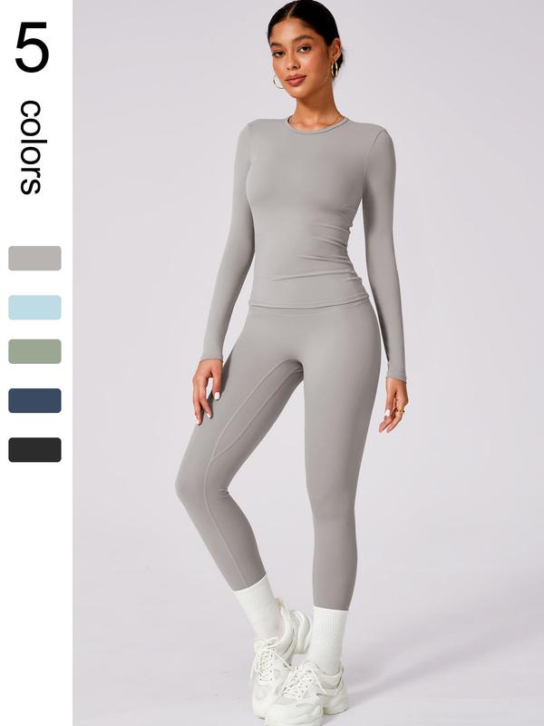 Women's Solid Long Sleeve Tee & High Waist Leggings Tracksuit Set, Sporty Round Neck Top & Skinny Pants Two-piece Outfits for Gym Workout Running, Ladies Fall & Winter Sportswear