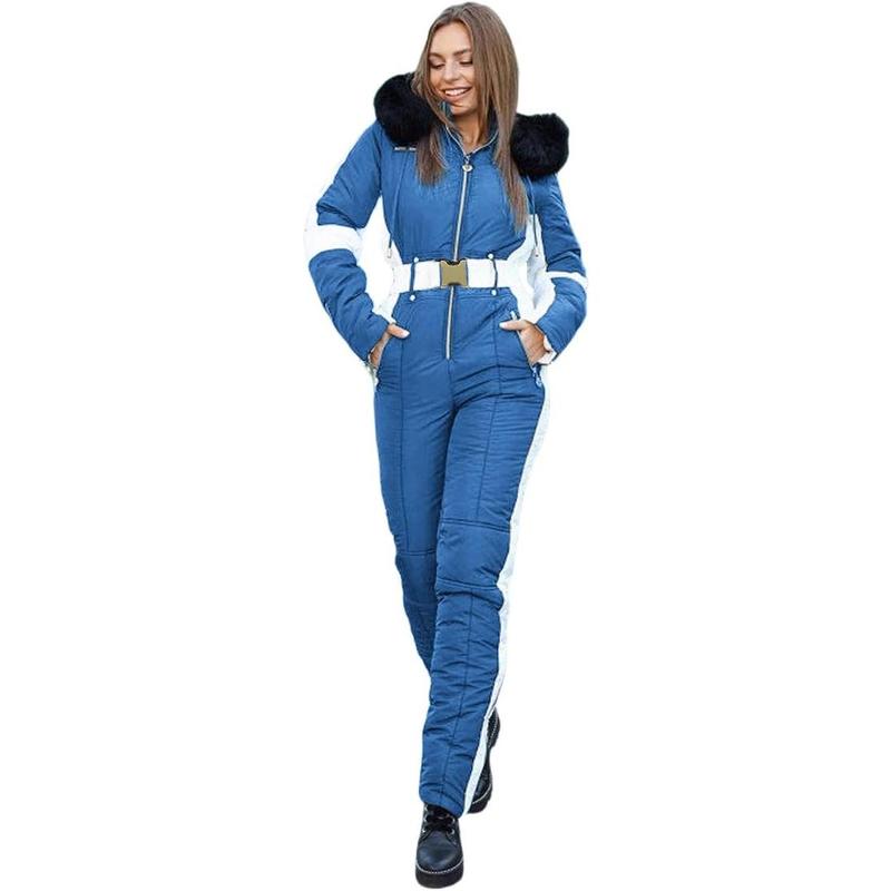 Fisoew Womens Winter Onesies Ski Jumpsuits Outdoor Sports Waterproof Snowsuit Removable Fur Collar Coat Jumpsuit