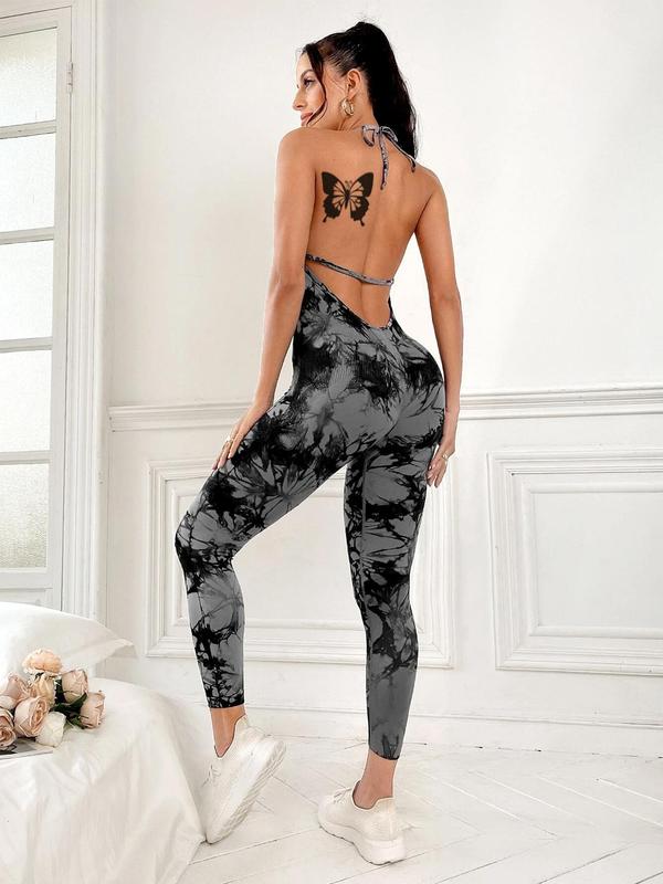 Women's Tie Dye Print Tie Backless Halter Sports Jumpsuit, Casual Sporty Sleeveless Jumpsuit for Yoga Gym Workout, Ladies Sportswear for All Seasons