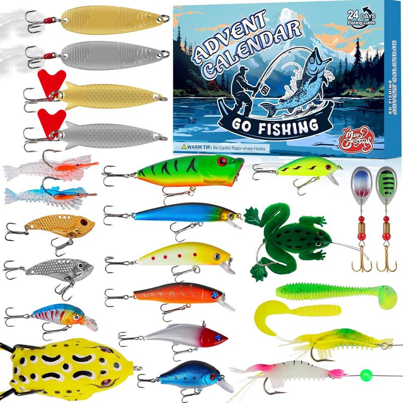 Fishing Lures 24 PCS Advent Calendar Fishing Christmas Countdown - 24 Days Fishing Lures Set for Fisher Adult Men Teen Boys - 2024 Xmas Surprise Gift