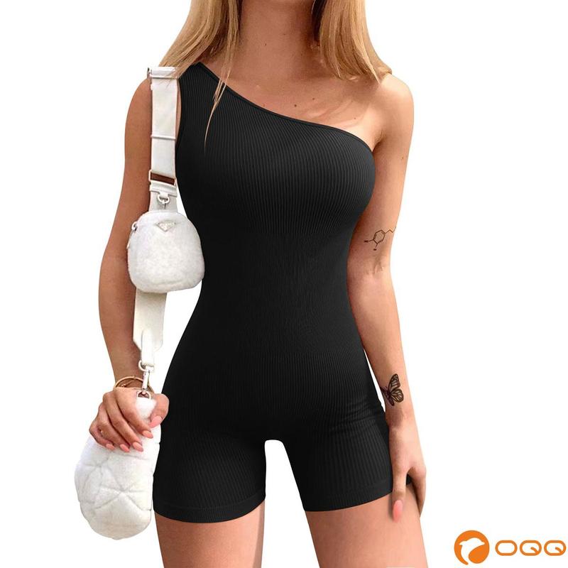 OQQ Women's Yoga Rompers Ribbed One Shoulder Sleeveless Tops Romper