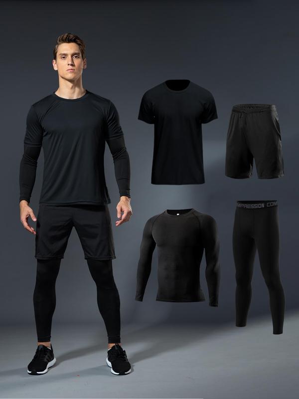 Men's Round Neck Sports Tee& Drawstring Waist Shorts & Letter Tape Pants Set, Long Sleeve & Short Sleeve Crew Neck T-shirt & Pocket Shorts & Skinny Pants, Sportswear Set for Running Gym Workout