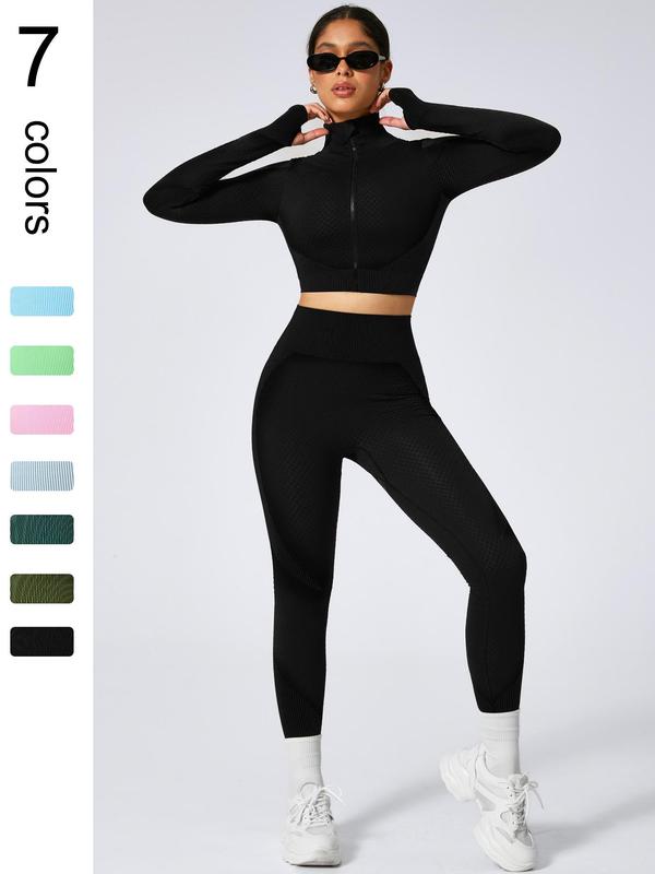 2 Counts Women's Solid Zip Up Tracksuit Set, Sporty Thumb Holes Fitness Crop Top & High Waist Leggings, Summer Gym Sportswear, Tracksuit for Women, Two Piece Sets Tracksuits, Gym Clothes Set, Matching Sets, Please Purchase A Size Up