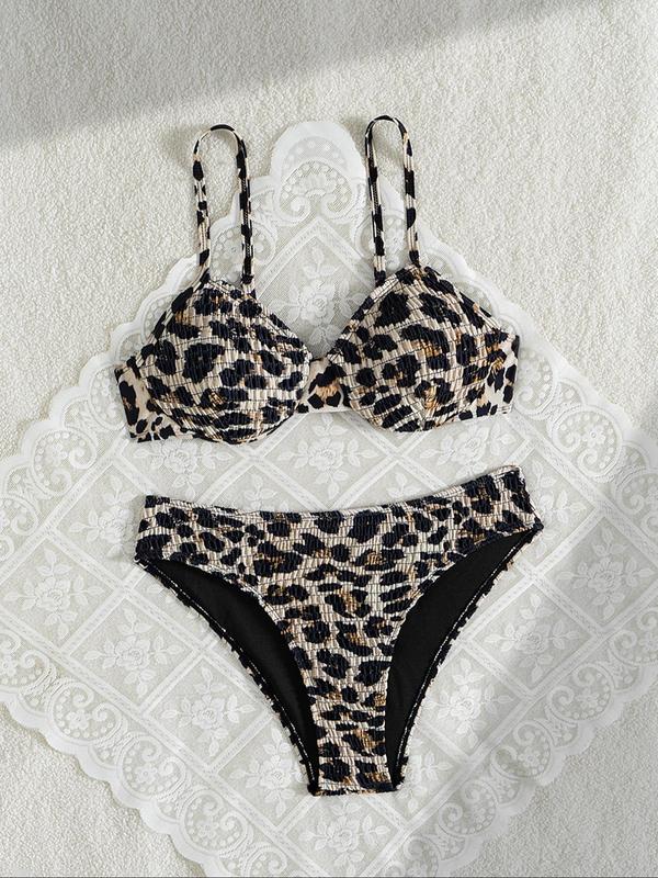 Two-Piece Set Women's Leopard Print Bikini Set, Casual Adjustable Strap Backless Swim Top & Swim Thong Swimsuit Set, Ladies Swimwear for Beach Holiday Vacation