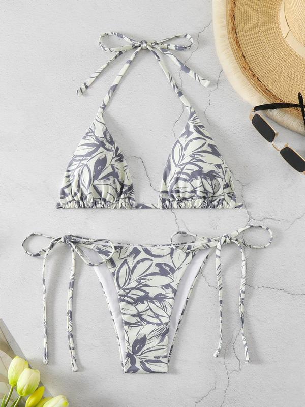 Two-Piece Set Women's Leaf Pattern Tie Back Bikini for Summer 2024, Boho Style Sleeveless Halter Triangle Bikini Top & Tie Side Bottom Swimsuit for Beach Vacation