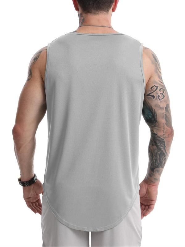 Men's Regular Fit Graphic Print Curved Hem Sports Tank Top, Casual Breathable Sleeveless Round Neck Sports Top for Gym Workout Running, Men's Sportswear for Summer