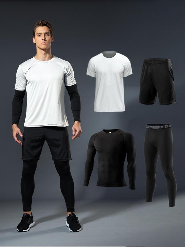 Men's Round Neck Sports Tee& Drawstring Waist Shorts & Letter Tape Pants Set, Long Sleeve & Short Sleeve Crew Neck T-shirt & Pocket Shorts & Skinny Pants, Sportswear Set for Running Gym Workout