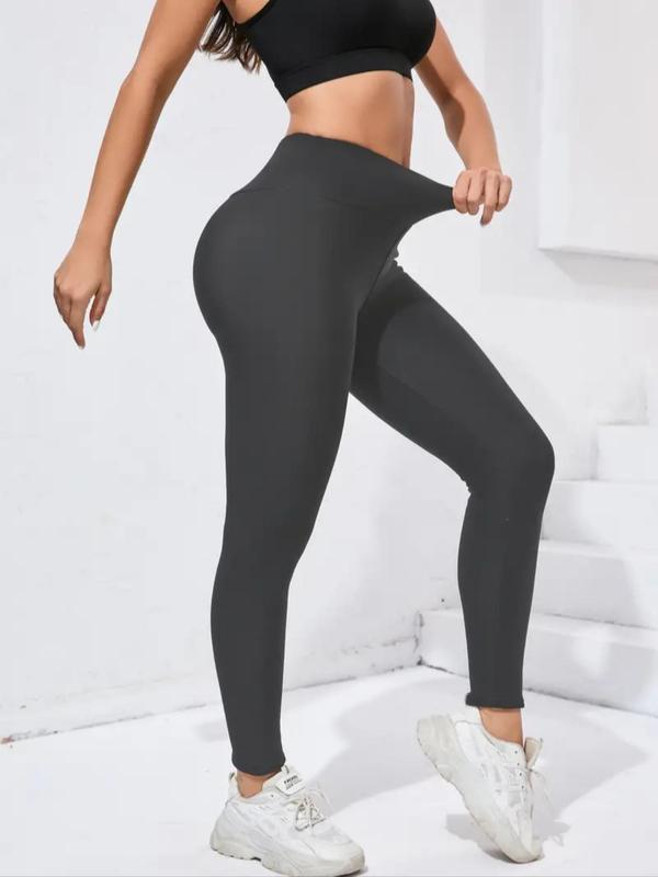 Sporty Women's Solid Color High Waist Thermal Lined Sports Leggings, Casual Comfy Warm Skinny Pants for Yoga Gym Workout Running, Ladies Sportswear for Fall & Winter