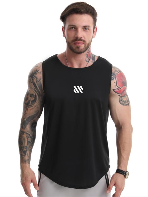 Men's Regular Fit Graphic Print Curved Hem Sports Tank Top, Casual Breathable Sleeveless Round Neck Sports Top for Gym Workout Running, Men's Sportswear for Summer