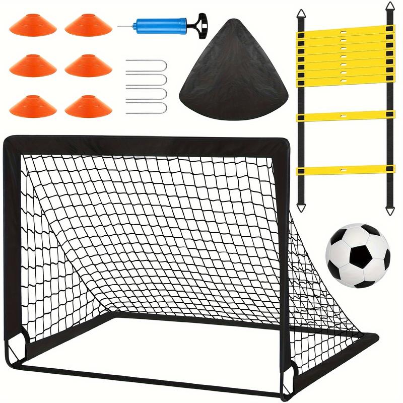 The 6*4 goal set includes 1 black goal, a No. 4 football, a pump, an agility ladder and a logo disc