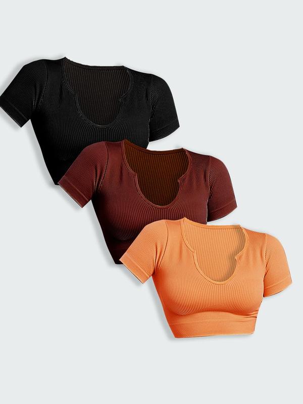 Women's Solid Ribbed Square Neck Crop Sports Tee, Sporty Short Sleeve Cropped T-shirt for Yoga Gym Workout Running, Ladies Sportswear for Summer