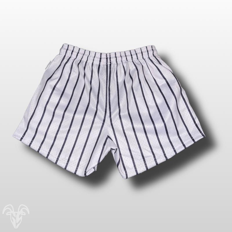 Goat Strength White baseball striped   pin striped shorts - Athletic   Gym shorts with 5 inch inseam - Tuff Shorts workoutfit