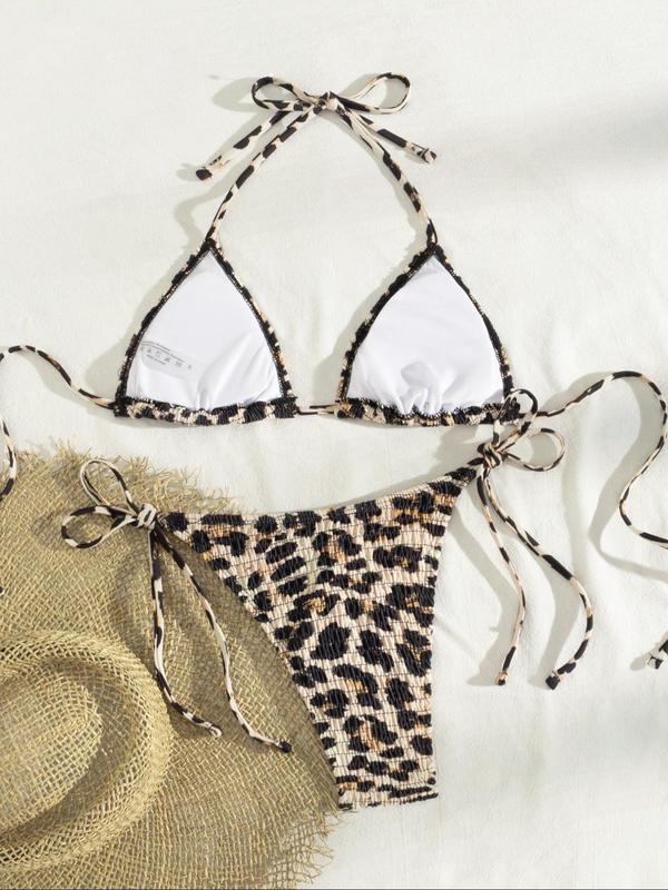 Two-Piece Set Women's Leopard Print Textured Bikinis Set, Bathing Suits, Casual Halter Triangle Bra & Tie Side Panty, Swimsuit for Women, Summer Beach Holiday Vacation Swimwear Set for Women