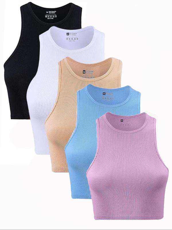 Women's Solid Round Neck Crop Sports Vest, Casual Comfy Breathable Sleeveless Cropped Top for Yoga Gym Workout Running, Ladies Sportswear Clothing for All Seasons, Summer Outfits, Basic Minimalist Womenswear