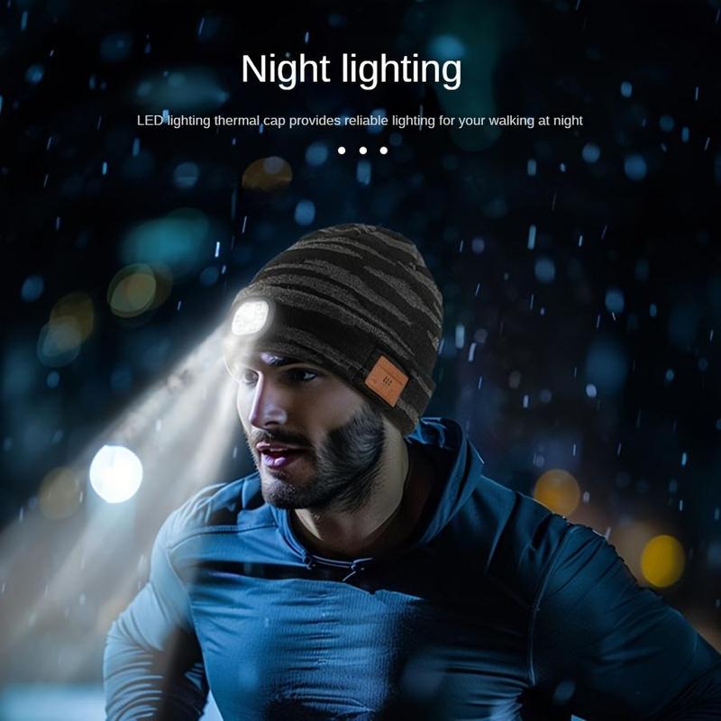 USB Rechargeable LED Lighted Beanie Hat, Built-in Headphones & Speaker Mic Beanie Hat, Breathable Headlamp Hat, Unisex Gifts for Outdoor Activities