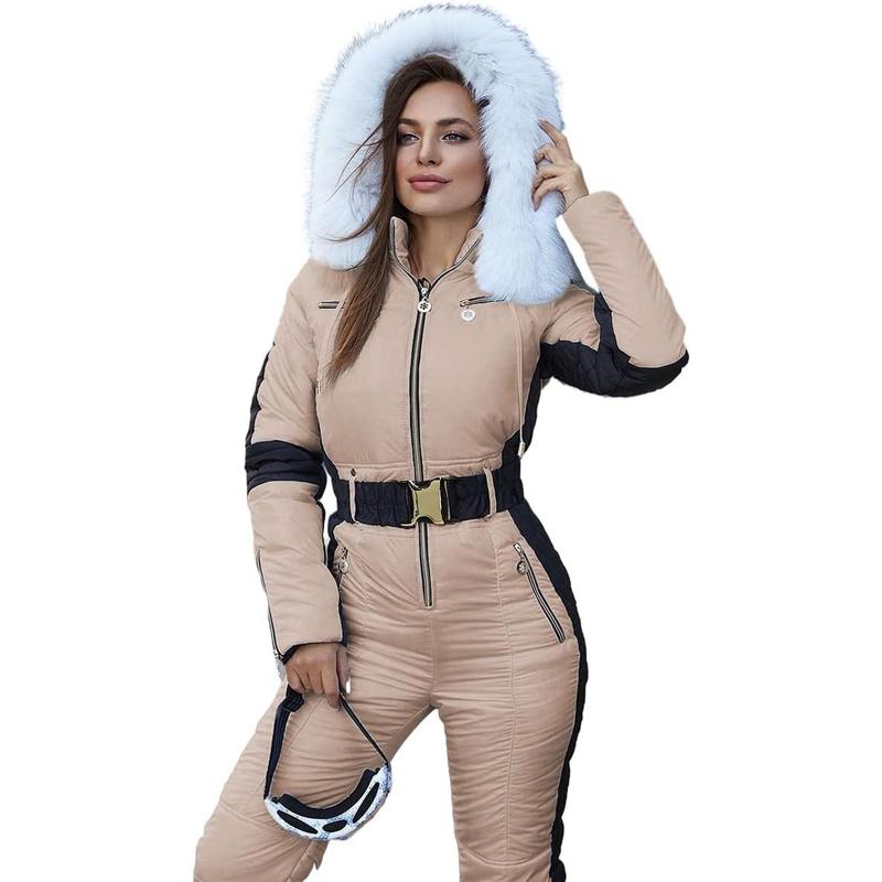 Fisoew Womens Winter Onesies Ski Jumpsuits Outdoor Sports Waterproof Snowsuit Removable Fur Collar Coat Jumpsuit