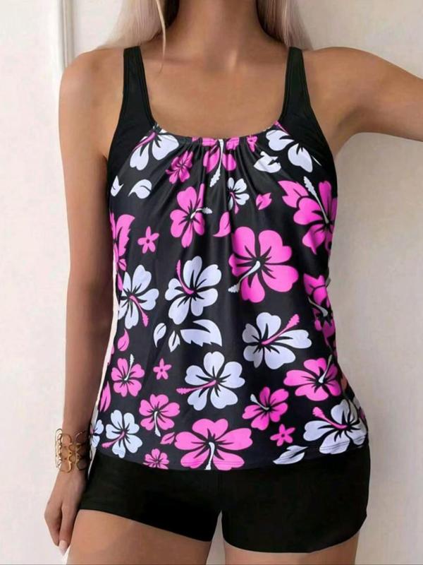 Women's Floral Print Backless Tankini Set, Adjustable Strap Square Neck Swim Top & Elastic Waist Swim Shorts, Ladies Swimsuit for Beach Holiday Vacation