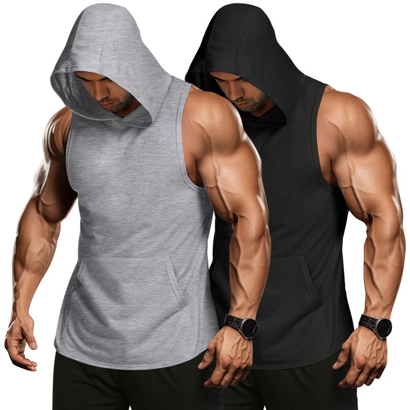 COOFANDY Men's 2 Pack Workout Hooded Tank Tops Bodybuilding Muscle Cut Off T Shirt Sleeveless Gym Hoodies C