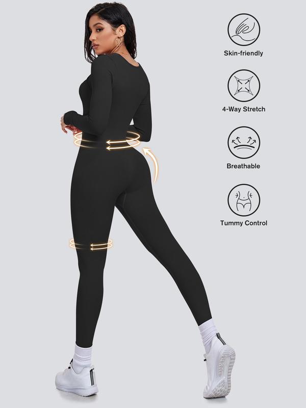 Women's Solid Square Neck Sports Jumpsuit, Casual Sporty Long Sleeve  High Waist Jumpsuit for Yoga Gym Workout, Ladies Sportswear for All Seasons