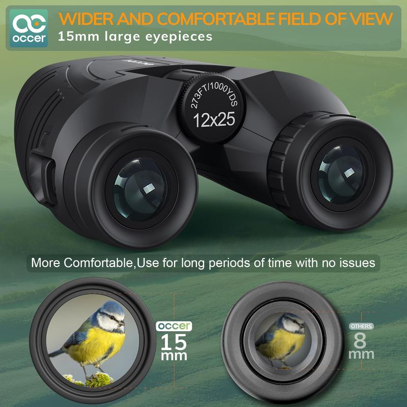 occer 12x25 Compact Binoculars for Adults and Kids - Large Eyepiece Binoculars for Bird Watching - High Powered Easy Focus Binoculars with Low Light Vision for Outdoor Hunting Travel