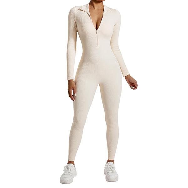 OMKAGI Women Long Sleeve Zip Front One Piece Jumpsuits Ribbed High Neck Workout Yoga Romper