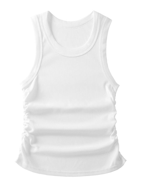 Women's Solid Ruched Round Neck Sports Tank Top, Sporty Breathable Comfortable Sleeveless Vest, Ladies Sportswear for Gym Fitness, Fall Outfits, Fallfreshness