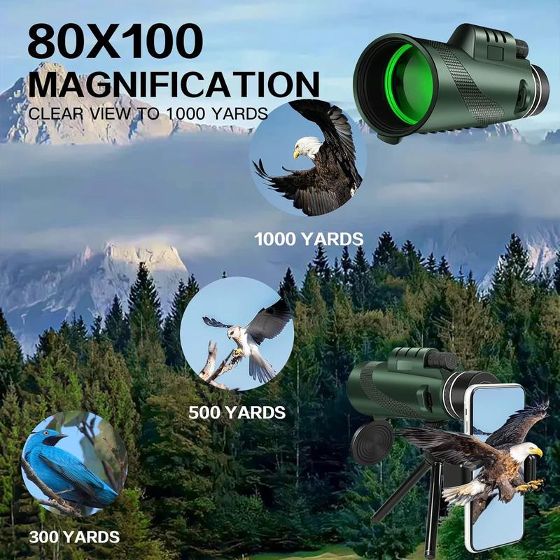 80x100 Monocular Telescope High Power Monocular for Adults with Smartphone Adapter, Travel Telescope with BAK4 Prism for Super Bowl, Bird Watching, Hunting, Camping