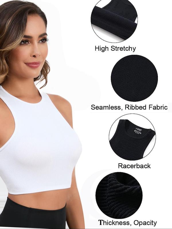 Women's Solid Round Neck Crop Sports Vest, Casual Comfy Breathable Sleeveless Cropped Top for Yoga Gym Workout Running, Ladies Sportswear Clothing for All Seasons, Summer Outfits, Basic Minimalist Womenswear