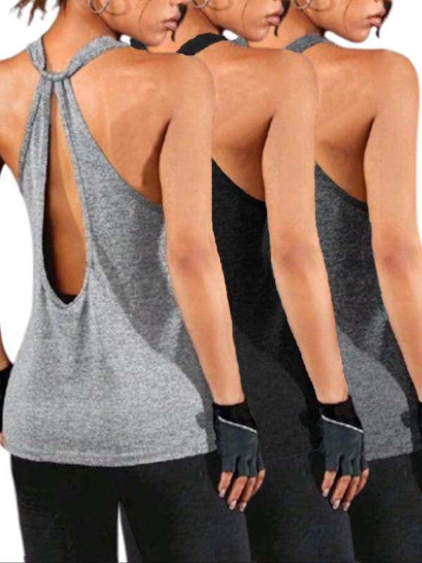 Women's Solid Cut Out Backless Sports Tank Top, Casual Comfortable Breathable Sports Top for Yoga Gym Workout, Ladies Sportswear for Summer