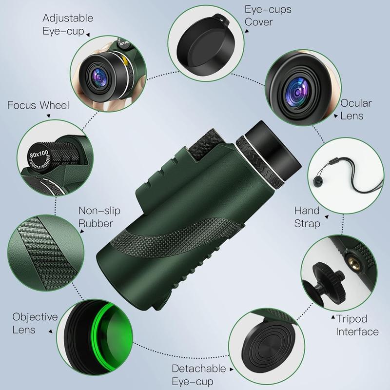 80x100 Monocular Telescope High Power Monocular for Adults with Smartphone Adapter, Travel Telescope with BAK4 Prism for Super Bowl, Bird Watching, Hunting, Camping