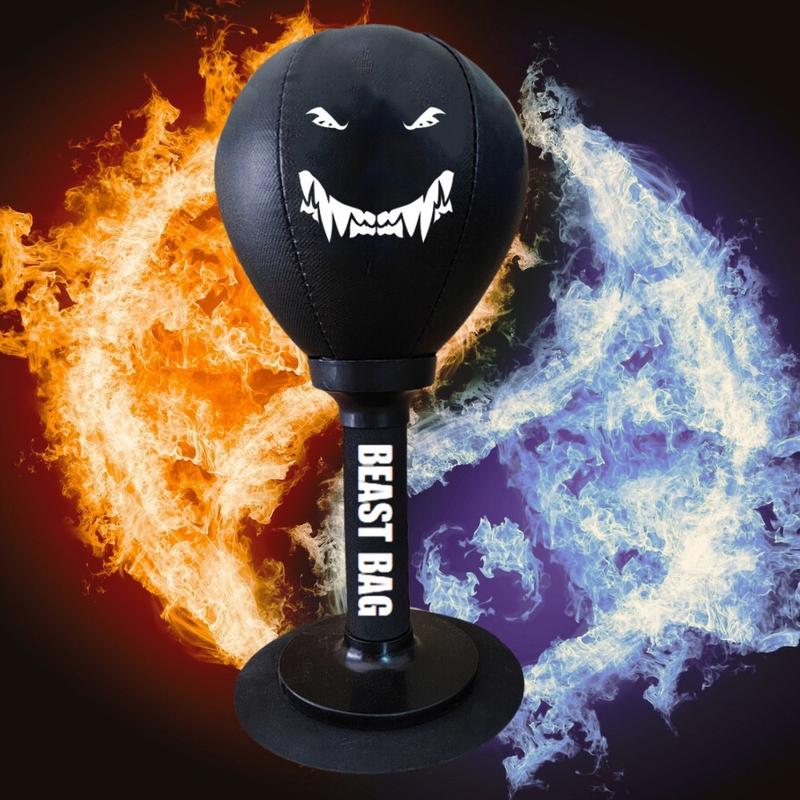 Beast Bag, the punching bag that sticks to any flat surface. Includes: Premium Black Leather Inflatable Bag, Steel Spring Shaft, Foam Protective Cover, Super Strong Suction Cup Base, and Portable Hand Pump for Inflating.