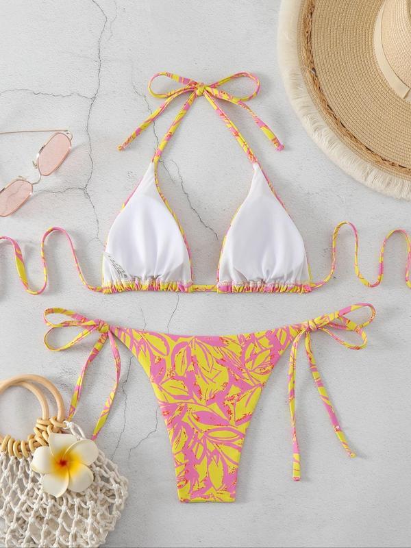 Two-Piece Set Women's Leaf Pattern Tie Back Bikini for Summer 2024, Boho Style Sleeveless Halter Triangle Bikini Top & Tie Side Bottom Swimsuit for Beach Vacation