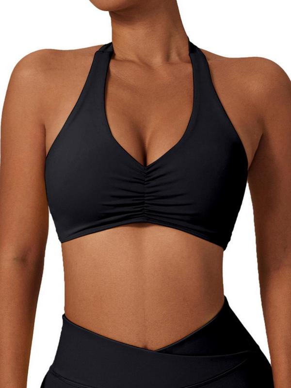 Women's Solid Ruched Wireless Sports Bra, Breathable Comfortable Quick Drying Sports Bra, Ladies Sportswear for Yoga Gym Workout