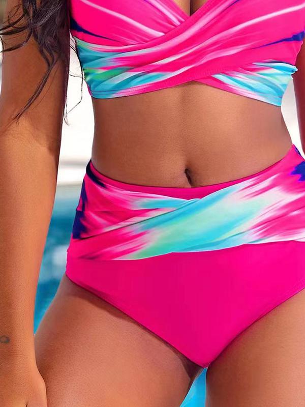 Women's Colorblock Wrap Bikini Set, Criss Cross Backless Swim Top & High Waist Swim Bottom Swimsuit Sets, Summer Bathing Suits Women, Swimsuit for Women