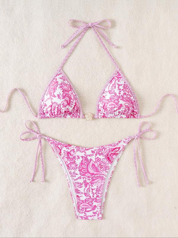 Two-Piece Set Women's Floral Print Bikini Set, Boho Fashion Flower Decor Halter Triangle Swim Bra & Tie Side Swim Panty, Ladies Summer Swimwear for Beach Holiday Vacation