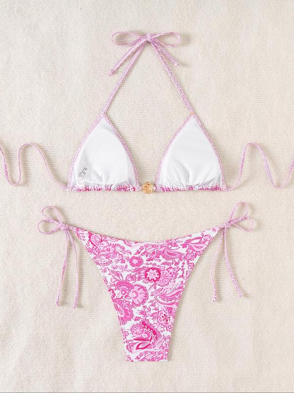 Two-Piece Set Women's Floral Print Bikini Set, Boho Fashion Flower Decor Halter Triangle Swim Bra & Tie Side Swim Panty, Ladies Summer Swimwear for Beach Holiday Vacation