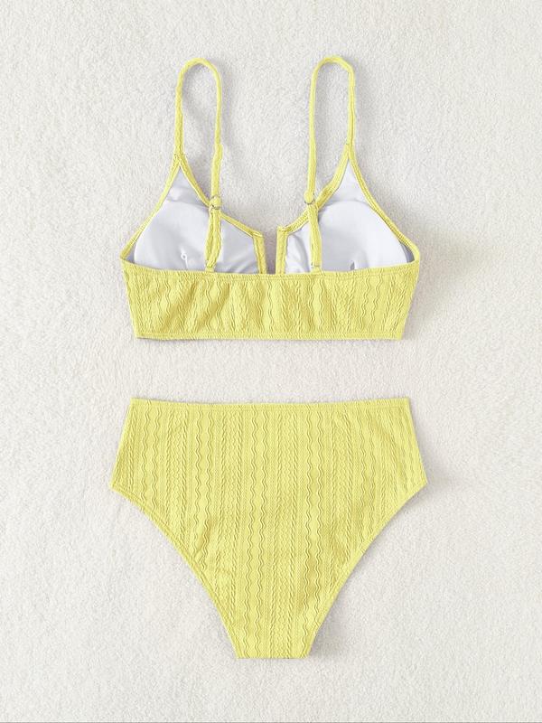 Two-Piece Set Women's Plain Textured Bikini Set, Summer Outfits, Casual V Wired Sleeveless Padded Bikini Top & Overlap Waist Swim Bottom, Swimsuits 2024 Women , Bathing Suits 2024 for Women