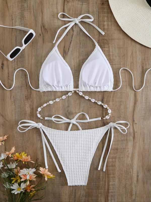 Women's Solid Shell & Faux Pearl Decor Bikinis Set, Halter Neck Padded Triangle Swim Bra & Tie Side Swim Panty Two-piece Swimsuit,  Bathing Suits, Swimsuit for Women, Bathing Suits Women, Swimsuits 2024 Women