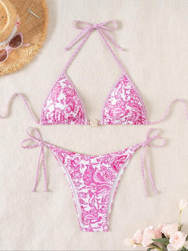 Two-Piece Set Women's Floral Print Bikini Set, Boho Fashion Flower Decor Halter Triangle Swim Bra & Tie Side Swim Panty, Ladies Summer Swimwear for Beach Holiday Vacation