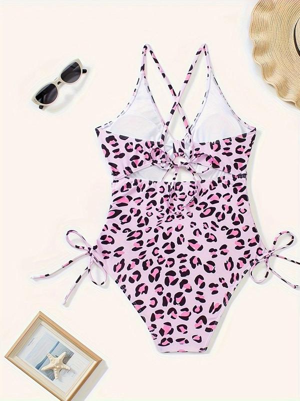 Plus Size Leopard Print Drawstring Ruched One-Piece Swimsuit, Casual Criss Cross Cut Out Tie Back Swimwear, Women's Swimsuit for Summer Beach Holiday