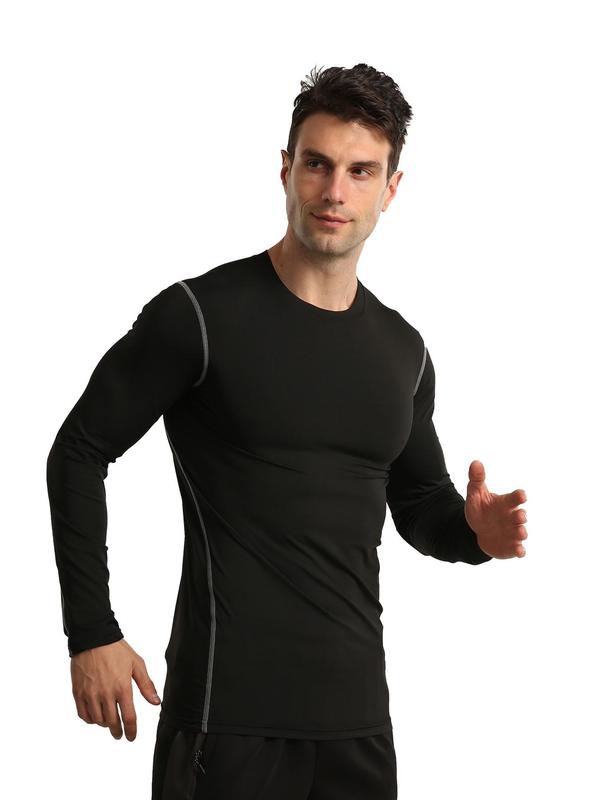 Men's Solid Long Sleeve Sports Tee, Quick Drying Breathable Compression T-shirt, Summer Outfits 2024, Men's Sportswear for Indoor Outdoor Wear