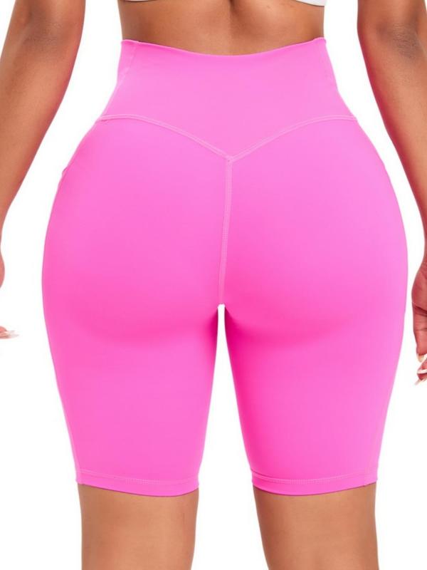 Women's Basic Plain Wrap Hem High Waist Pocket Sports Shorts, Casual Sporty Breathable Comfortable Skinny Shorts for Yoga Gym Workout Running, Gym Shorts, Ladies Sportswear for All Seasons, Women Sport & Outdoor Clothing, Gym Clothing