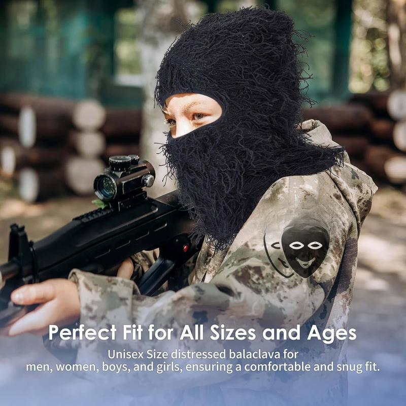 Distressed Balaclava Ski Mask, Knitted Full Face Mask, Neck Gaiter & Beanie, Black, One Size Fits All