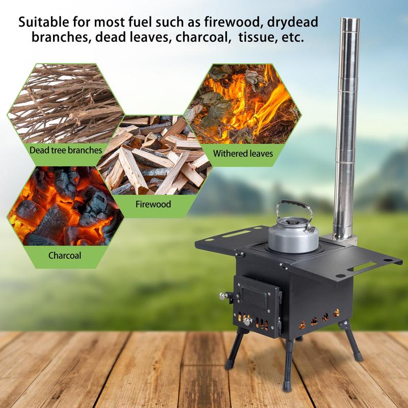 Camping Wood Stove, Outdoor Portable Tent Wood Burning Stove with Stainless Chimney Pipes, Tent Stove Jack & Gloves for Outdoor Camping Cooking and Heating