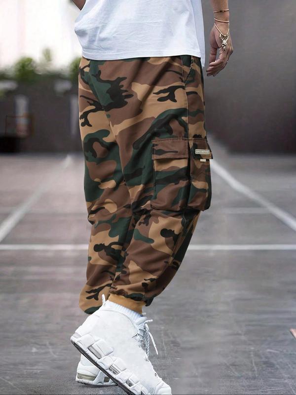 Sporty Men's Plain Camo Print Patched Drawstring Waist Jogger Pants, Regular Fit Sport Comfy Elastic Waist Flap Pocket Cargo Pants for Daily Wear, Sweatpants for Men, Pants for Men, Men's Sports Bottoms for All Seasons