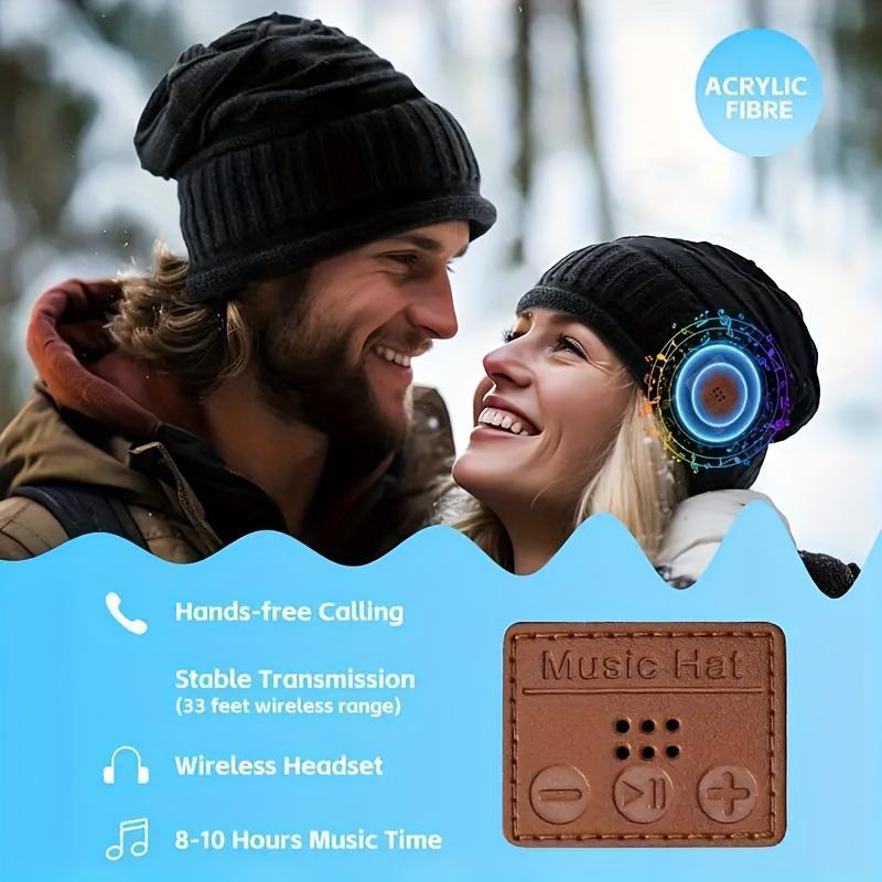 Wireless Beanie Hat, Music Note Print Knit Hat with LED Light & Music Player & Headset, BT-compatible Sports & Outdoor Hat for Men & Women